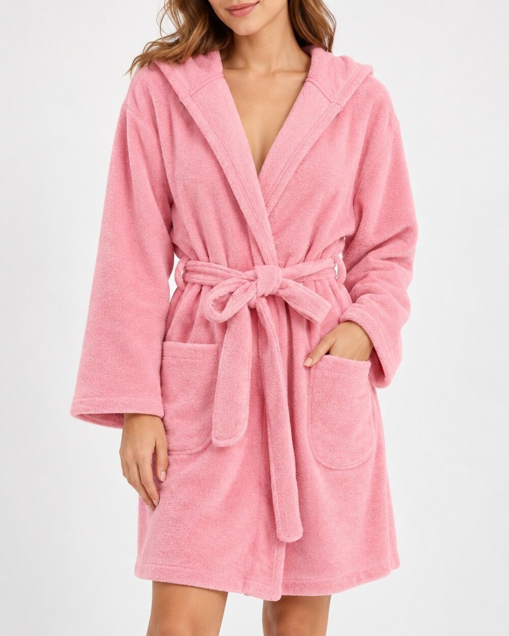 Victoria Secret Cozy Hooded Short Robe Sz M/L Pink Plush Bath Makeup